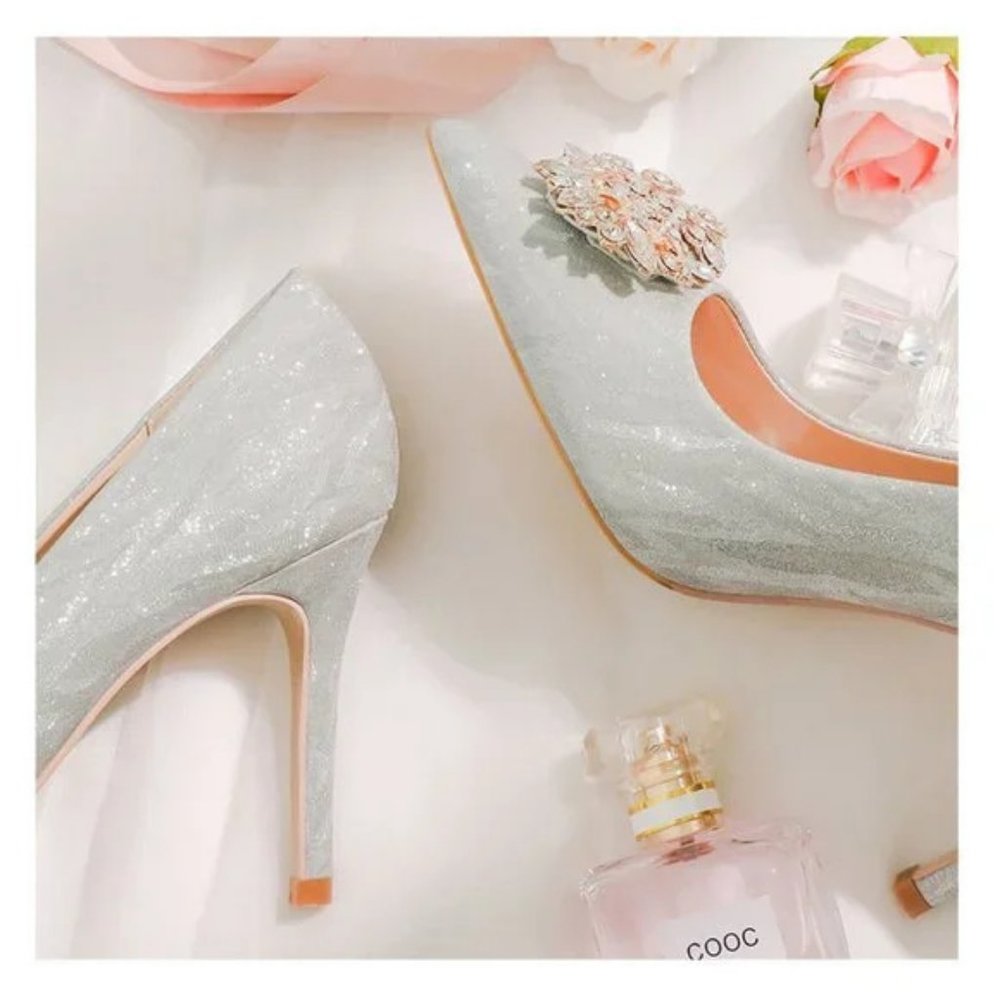 Diamond High -Heeled Shoe Sequin Pointed Fine Heel Single Shoes - Picture 2 of 5